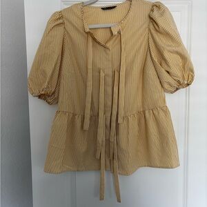 Chic Mustard Striped Blouse with Tie Detail